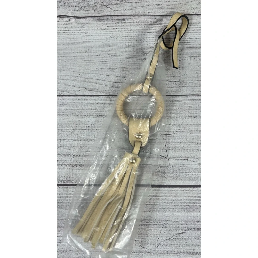 Women's Faux‎ Leather Tassel Bag Charm Keychain Boho Beige Gold Tone New